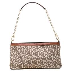 Pre Owned DKNY Beige/Copper Signature Canvas and Leather Shoulder Bag