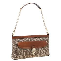 Pre Owned DKNY Beige/Copper Signature Canvas and Leather Shoulder Bag