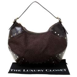 Pre Owned DKNY Brown Signature Fabric and Leather Studded Hobo