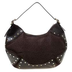 Pre Owned DKNY Brown Signature Fabric and Leather Studded Hobo