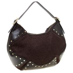 Pre Owned DKNY Brown Signature Fabric and Leather Studded Hobo