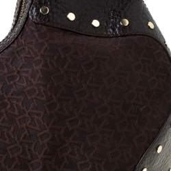 Pre Owned DKNY Brown Signature Fabric and Leather Studded Hobo