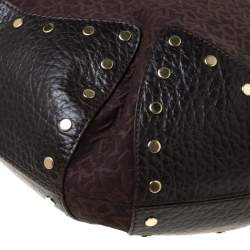 Pre Owned DKNY Brown Signature Fabric and Leather Studded Hobo