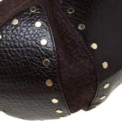 Pre Owned DKNY Brown Signature Fabric and Leather Studded Hobo