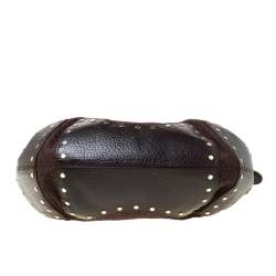 Pre Owned DKNY Brown Signature Fabric and Leather Studded Hobo