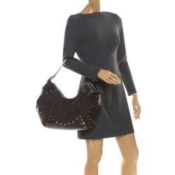 Pre Owned DKNY Brown Signature Fabric and Leather Studded Hobo