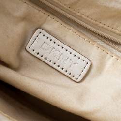 Pre Owned DKNY Beige/White Signature Canvas and Leather Front Pocket Hobo