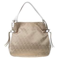 Pre Owned DKNY Beige/White Signature Canvas and Leather Front Pocket Hobo
