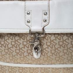 Pre Owned DKNY Beige/White Signature Canvas and Leather Front Pocket Hobo