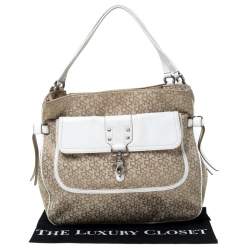 Pre Owned DKNY Beige/White Signature Canvas and Leather Front Pocket Hobo