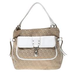 Pre Owned DKNY Beige/White Signature Canvas and Leather Front Pocket Hobo