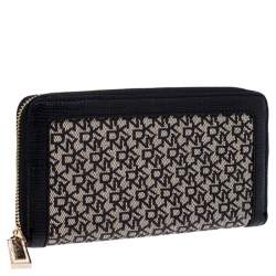 Pre Owned DKNY Beige/Black Canvas and Leather Zip Around Wallet