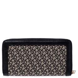 Pre Owned DKNY Beige/Black Canvas and Leather Zip Around Wallet