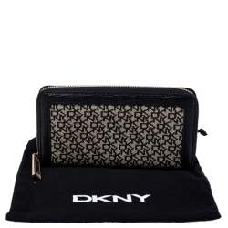 Pre Owned DKNY Beige/Black Canvas and Leather Zip Around Wallet