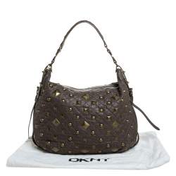 Pre Owned DKNY Taupe Quilted Leather Studded Hobo