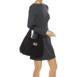 Pre Owned DKNY Black Monogram Fabric Zip Hobo