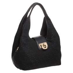Pre Owned DKNY Black Monogram Fabric Zip Hobo