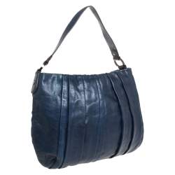 Dkny Navy Blue Pleated Leather Floral Chain Detail Hobo