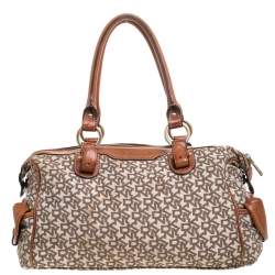Pre Owned DKNY Beige/Tan Signature Canvas and Leather Satchel