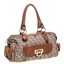 Pre Owned DKNY Beige/Tan Signature Canvas and Leather Satchel