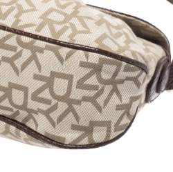 Pre Owned DKNY Beige/Brown Signature Canvas and Croc Embossed Leather Baguette