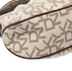 Pre Owned DKNY Beige/Brown Signature Canvas and Croc Embossed Leather Baguette
