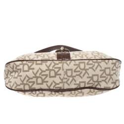 Pre Owned DKNY Beige/Brown Signature Canvas and Croc Embossed Leather Baguette