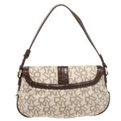 Pre Owned DKNY Beige/Brown Signature Canvas and Croc Embossed Leather Baguette