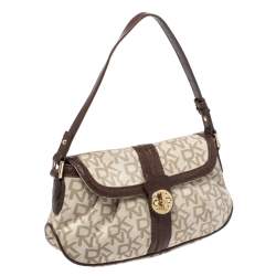 Pre Owned DKNY Beige/Brown Signature Canvas and Croc Embossed Leather Baguette