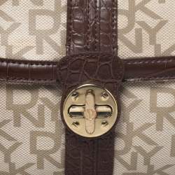 Pre Owned DKNY Beige/Brown Signature Canvas and Croc Embossed Leather Baguette