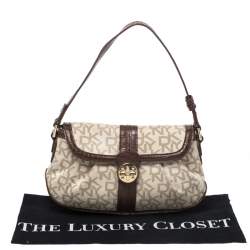 Pre Owned DKNY Beige/Brown Signature Canvas and Croc Embossed Leather Baguette