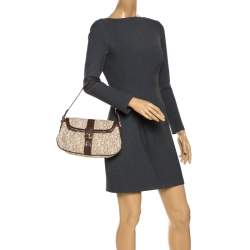 Pre Owned DKNY Beige/Brown Signature Canvas and Croc Embossed Leather Baguette