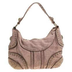 Pre Owned Dkny Light Brown Nubuck Leather Studded Hobo