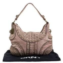 Pre Owned Dkny Light Brown Nubuck Leather Studded Hobo