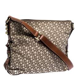 Pre Owned DKNY Beige/Tan Monogram Canvas and Leather Shoulder Bag