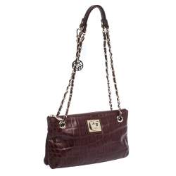 Pre Owned Dkny Burgundy Croc Embossed Leather Chain Shoulder Bag
