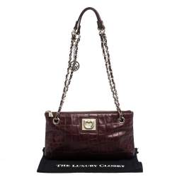 Pre Owned Dkny Burgundy Croc Embossed Leather Chain Shoulder Bag
