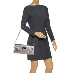 Pre Owned Dkny Metallic Grey Leather Flap Chain Clutch