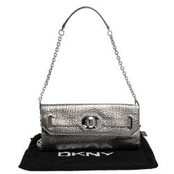 Pre Owned Dkny Metallic Grey Leather Flap Chain Clutch
