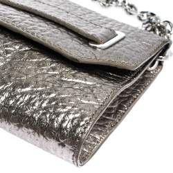 Pre Owned Dkny Metallic Grey Leather Flap Chain Clutch