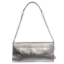 Pre Owned Dkny Metallic Grey Leather Flap Chain Clutch