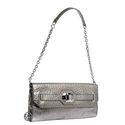 Pre Owned Dkny Metallic Grey Leather Flap Chain Clutch