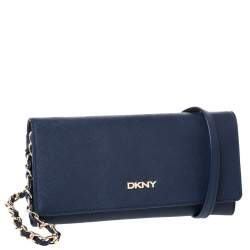 Pre Owned Dkny Navy Blue Leather Flap Wallet On Chain
