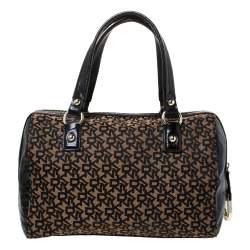 Pre Owned Dkny Brown/Black Canvas and Croc Embossed Leather Boston Bag