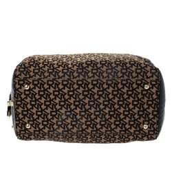 Pre Owned Dkny Brown/Black Canvas and Croc Embossed Leather Boston Bag