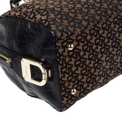 Pre Owned Dkny Brown/Black Canvas and Croc Embossed Leather Boston Bag