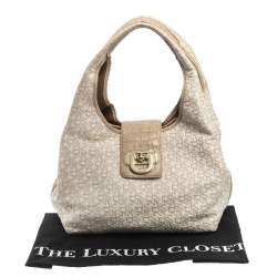 Pre Owned Dkny Beige/Off White Signature Fabric and Croc Embossed Leather Flap Hobo