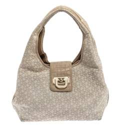 Pre Owned Dkny Beige/Off White Signature Fabric and Croc Embossed Leather Flap Hobo
