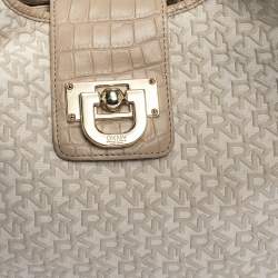 Pre Owned Dkny Beige/Off White Signature Fabric and Croc Embossed Leather Flap Hobo