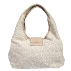 Pre Owned Dkny Beige/Off White Signature Fabric and Croc Embossed Leather Flap Hobo